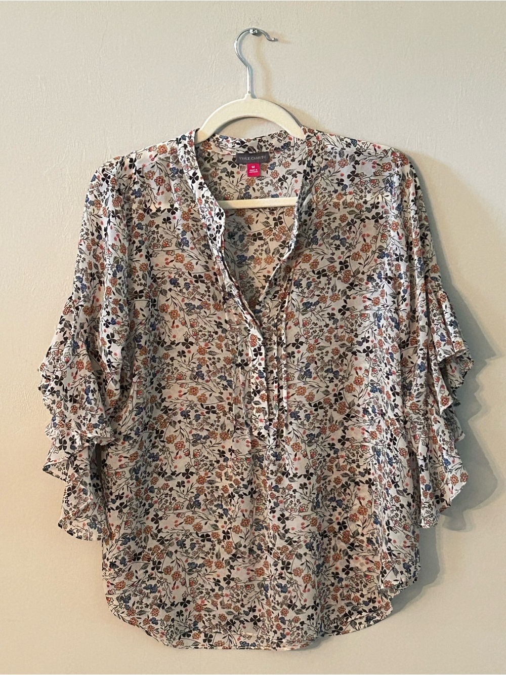 Vince Camuto Women's Sz M Sheer Floral Flutter Sleeves Mandarin Collar Breezy